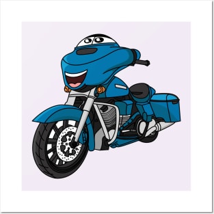 Cute happy blue motorcycle cartoon Posters and Art